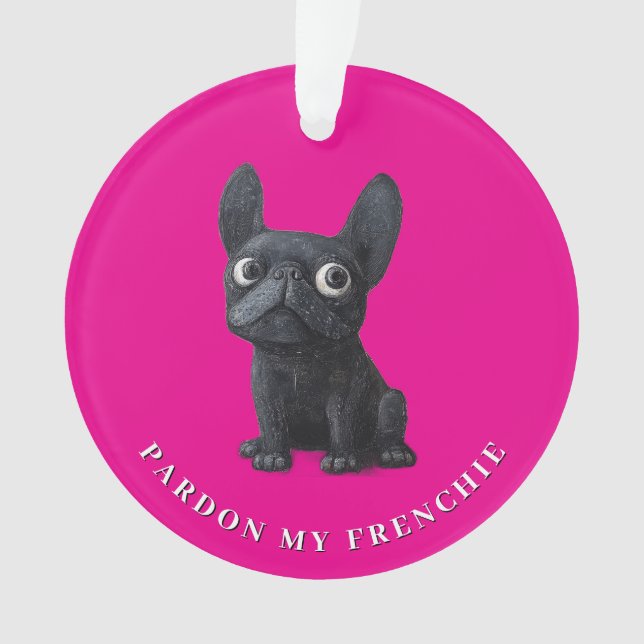 Black French Bulldog  cute Illustration neon pink Ornament (Front)