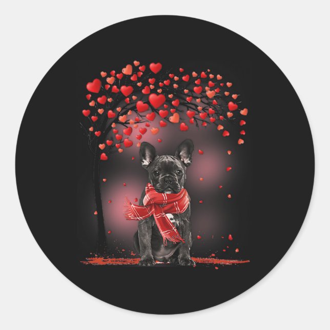 Black French Bulldog Dog Valentine Heart Tree Fren Classic Round Sticker (Front)