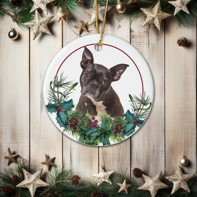 Black French Bulldog Evergreen Berry Wreath Ceramic Ornament (Creator Uploaded)