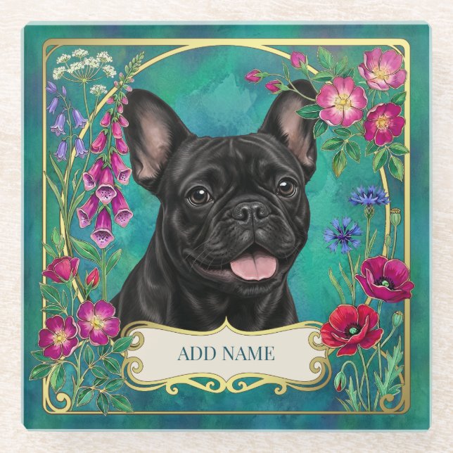 Black French Bulldog Floral Botanical Glass Coaster (Front)