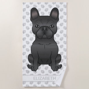 Black French Bulldog / Frenchie Cartoon Dog & Name Beach Towel