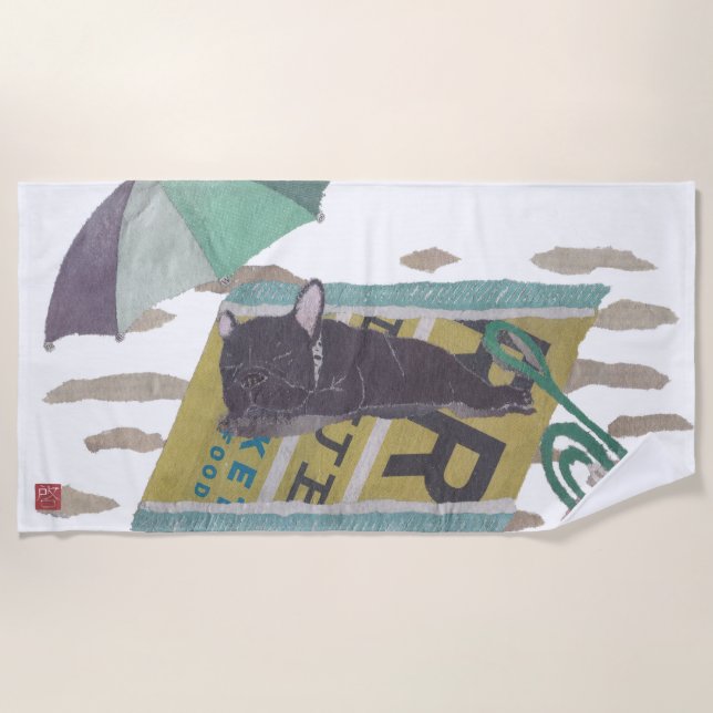 Black French Bulldog, Frenchie, Modern Beach Towel (Front)