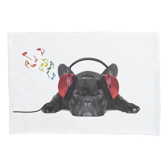Black French Bulldog Grooving to His Tunes Pillowcase (Front)