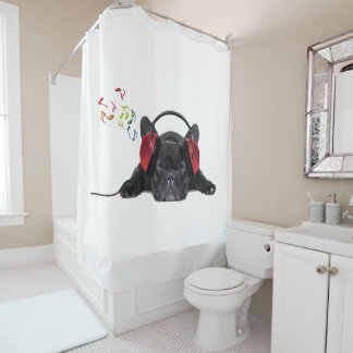 Black French Bulldog Grooving to His Tunes Shower Curtain