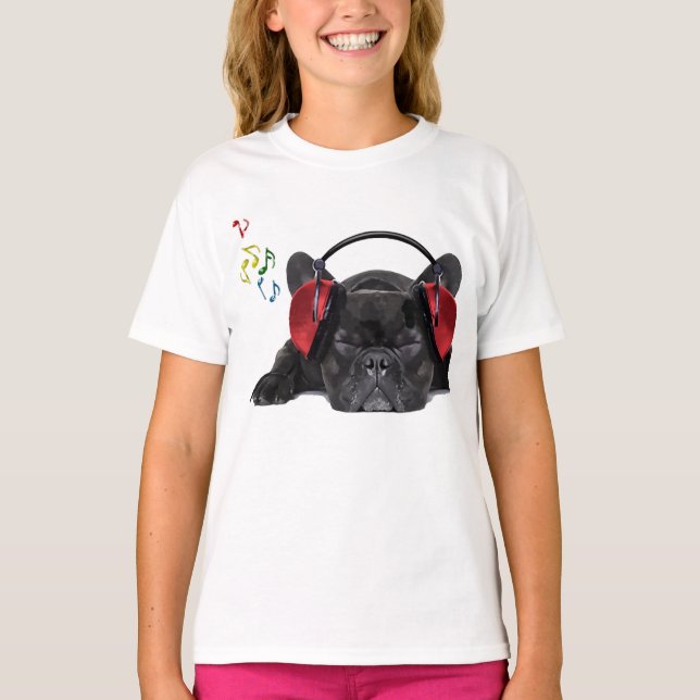 Black French Bulldog Grooving to His Tunes T-Shirt (Front)
