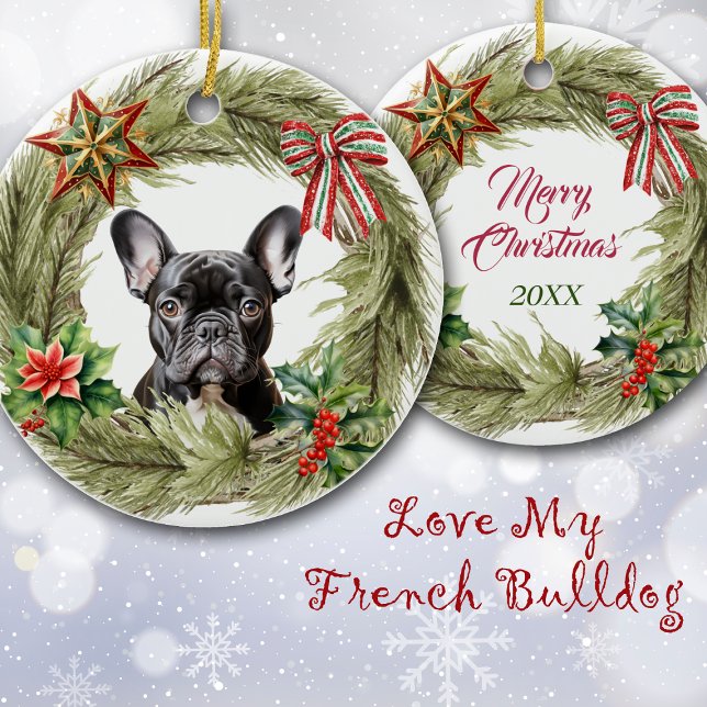 Black French Bulldog Star Bow Wreath Ceramic Ornament (Creator Uploaded)