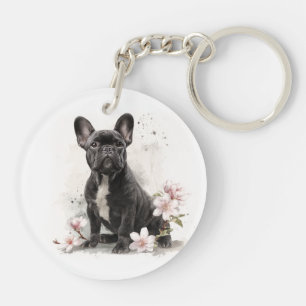 Black French Bulldog Watercolor Art Key Ring