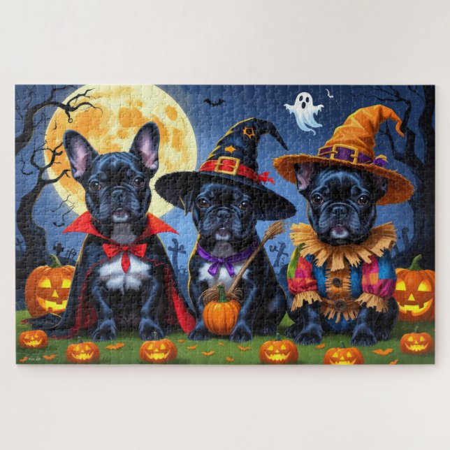 Black French Bulldogs Pumpkin Halloween Funny Jigsaw Puzzle (Horizontal)