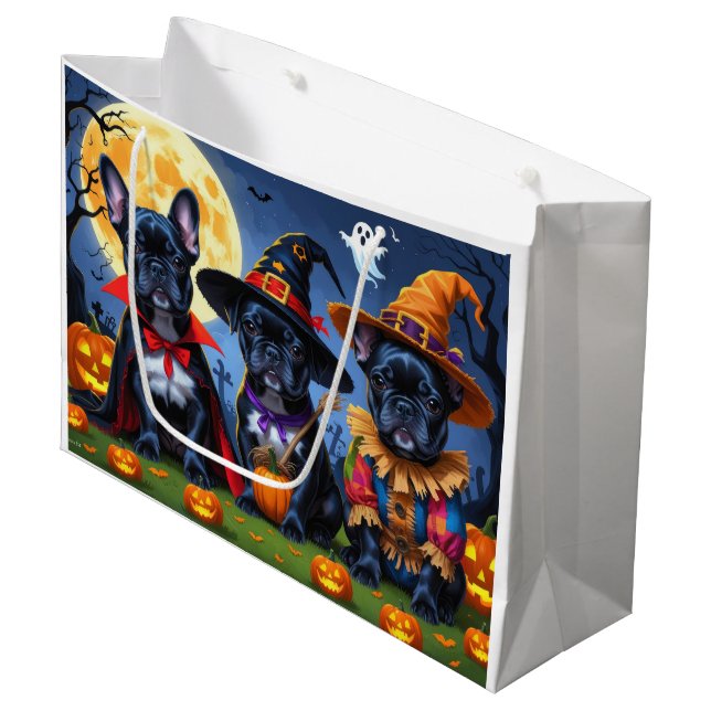 Black French Bulldogs Pumpkin Halloween Funny Large Gift Bag (Front Angled)