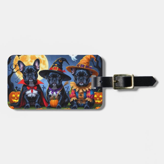 Black French Bulldogs Pumpkin Halloween Funny Luggage Tag (Front Horizontal)