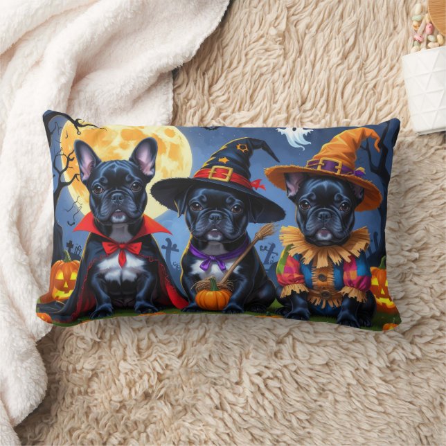Black French Bulldogs Pumpkin Halloween Funny Lumbar Cushion (Blanket)