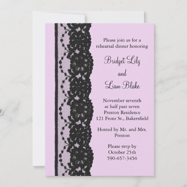Black French Lace Rehearsal Dinner (fuchsia) Invitation (Front)