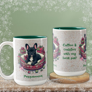 Black Frenchie, Cosied Up in Christmas Bed Two-Tone Coffee Mug