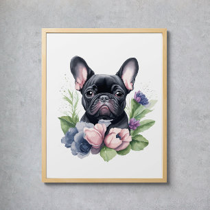 Black Frenchie Pug Dog Floral Watercolor Poster