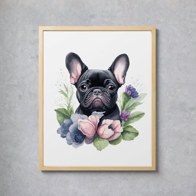 Black Frenchie Pug Dog Floral Watercolor Poster (Black Frenchie Pug Dog Floral Watercolor Poster
)