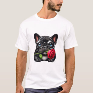 Black Frenchie red rose T-Shirt