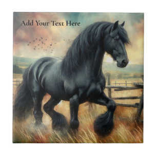 Black Fresian Horse Pasture Rustic Fence Ceramic Tile