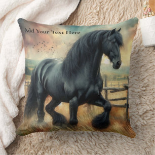 Black Fresian Horse Pasture Rustic Fence Cushion