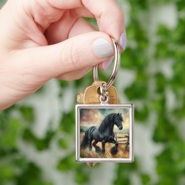 Black Fresian Horse Pasture Rustic Fence Key Ring (Hand)