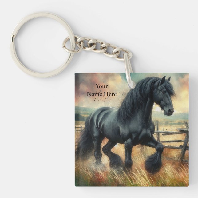 Black Fresian Horse Pasture Rustic Fence Key Ring (Front)