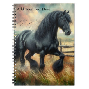 Black Fresian Horse Pasture Rustic Fence Notebook