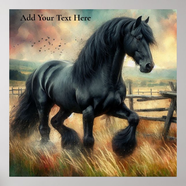 Black Fresian Horse Pasture Rustic Fence Poster (Front)