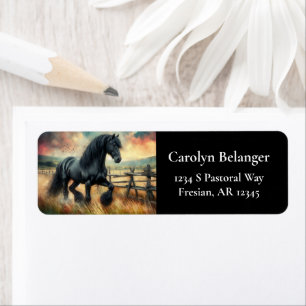 Black Fresian Horse Pasture Rustic Fence Return Address Label