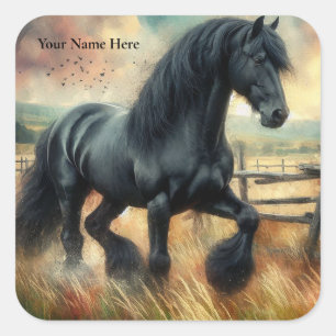 Black Fresian Horse Pasture Rustic Fence Square Sticker