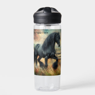 Black Fresian Horse Pasture Rustic Fence Water Bottle