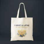 Black Friday Shopping Latke Play on Words Tote Bag<br><div class="desc">"I Have a Latke to do Today" is a fun Black Friday Shopping with a little play on Hanukkah words.  {Cute,  right?}  The typography is modern block in navy blue combined with modern script in gold. The graphic is a watercolor menorah with a cute floral bouquet of flowers.</div>