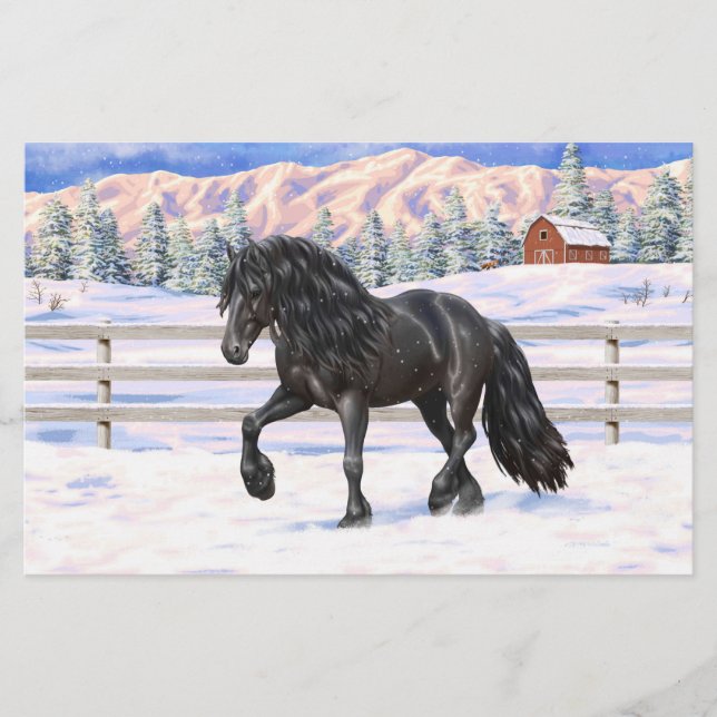 Black Friesian Draught Horse In Snow (Front)
