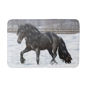 Black Friesian Draught Horse In Snow Bath Mat