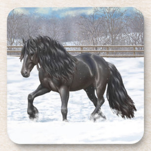 Black Friesian Draught Horse In Snow Coaster