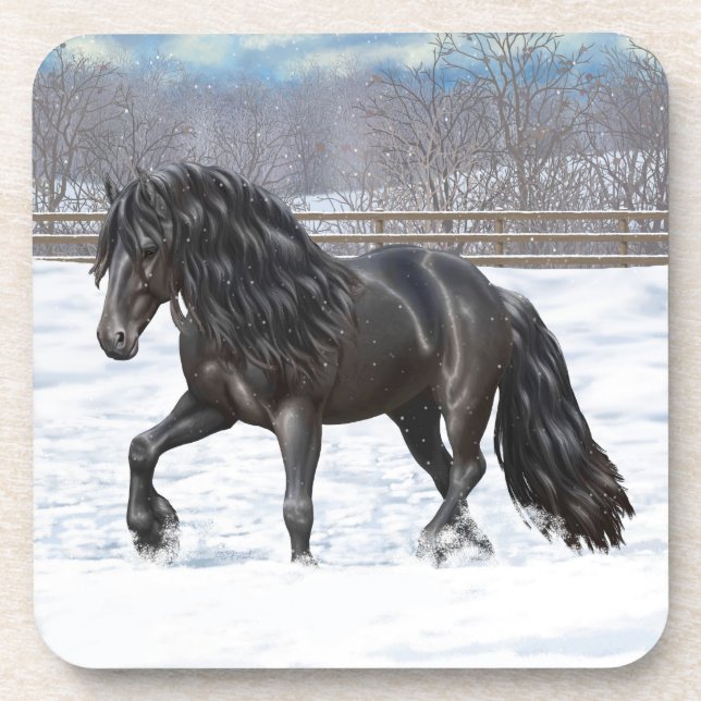Black Friesian Draught Horse In Snow Coaster (Front)