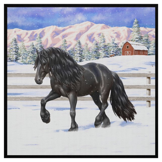Black Friesian Draught Horse In Snow Fabric (Swatch)
