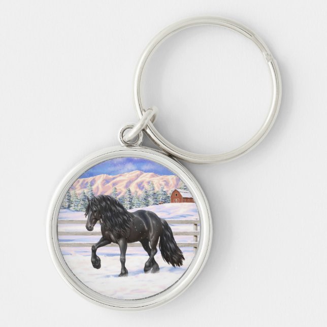 Black Friesian Draught Horse In Snow Key Ring (Front)