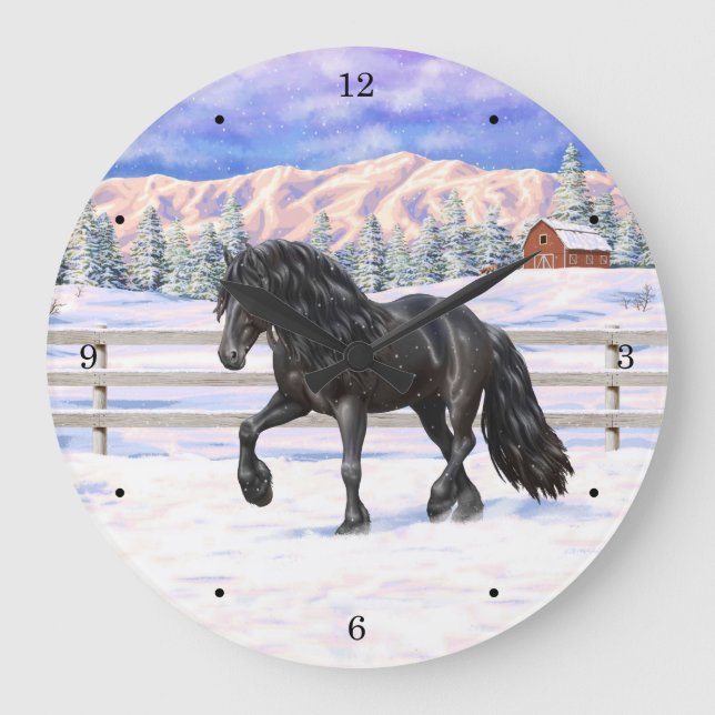 Black Friesian Draught Horse In Snow Large Clock (Front)