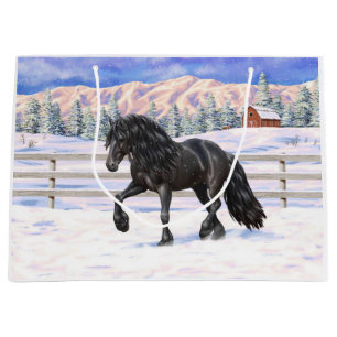 Black Friesian Draught Horse In Snow Large Gift Bag