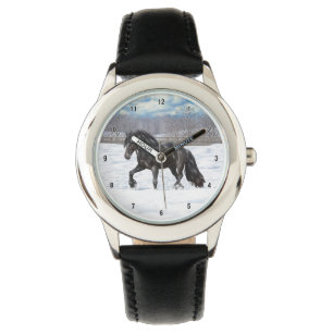 Black Friesian Draught Horse In Snow Watch