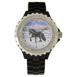 Black Friesian Draught Horse In Snow Watch