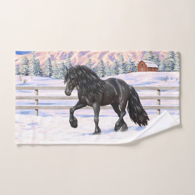 Black Friesian Draught Horse Trotting In Snow Bath Towel Set (Hand Towel)