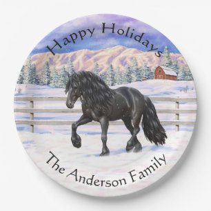 Black Friesian Draught Horse Trotting In Snow Paper Plate