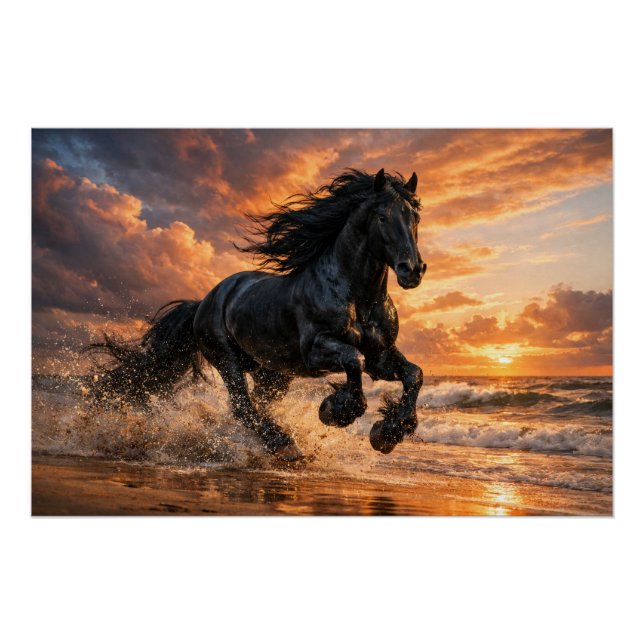 Black Friesian Horse at Sunset, Powerful Beach Run Poster (Front)