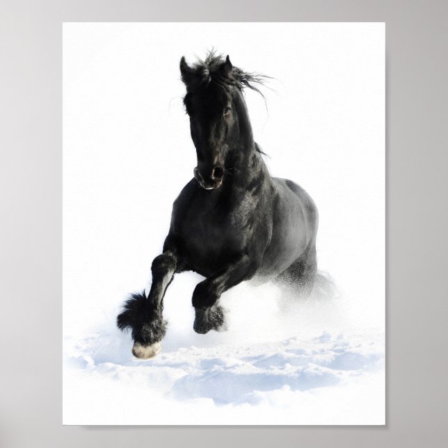 Black Friesian Horse In Snow Decoupage Print (Front)