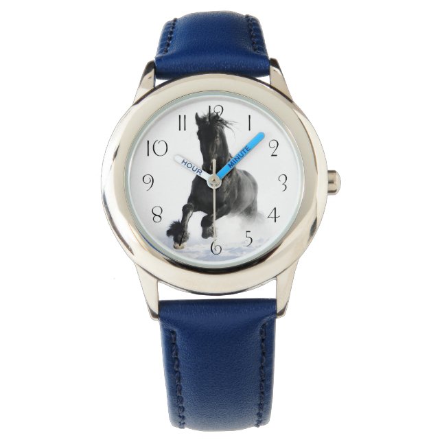 Black Friesian Horse In Snow Watch (Front)