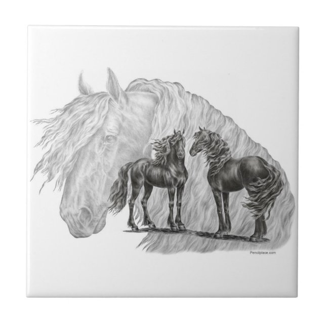 Black Friesian Horses Manes Tails Ceramic Tile (Front)