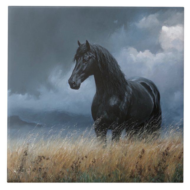 Black Friesian Stallion Dramatic Landscape Ceramic Tile (Front)