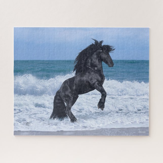 Black Friesian Stallion Rearing In the Sea Jigsaw Puzzle (Horizontal)