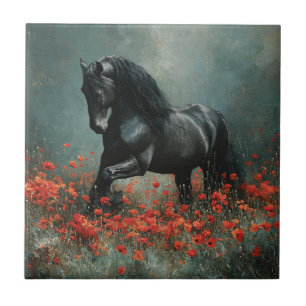 Black Friesian Stallion Red Poppies Ceramic Tile