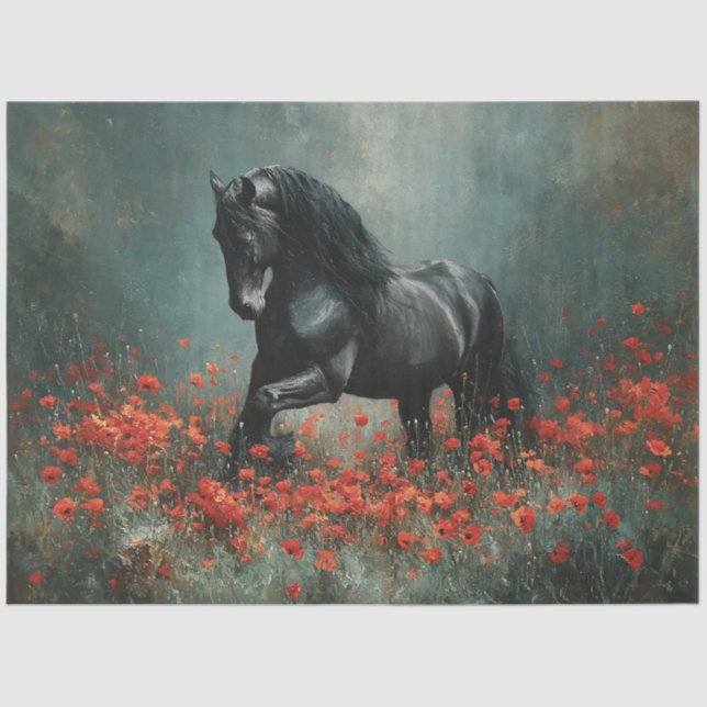 Black Friesian Stallion Red Poppies Decoupage Tissue Paper (Front)